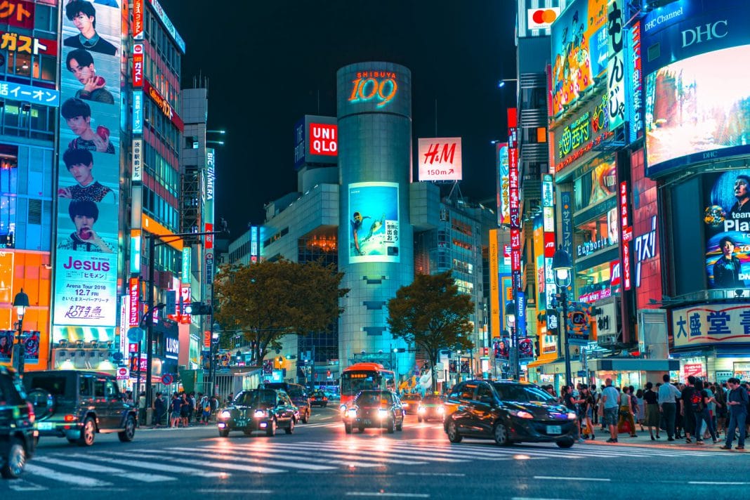 A brightly-lit Japanese city