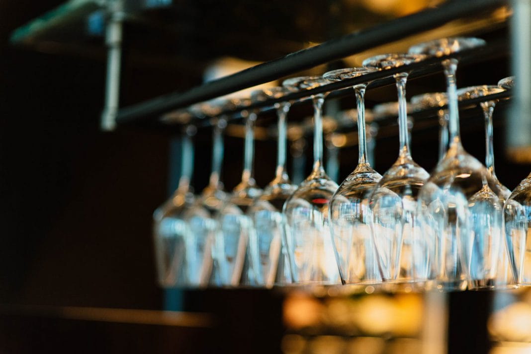Wine glasses hanging upside down