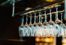 Wine glasses hanging upside down
