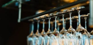 Wine glasses hanging upside down