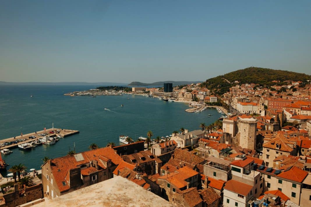 An aerial view of Split in Croatia, by the sea.