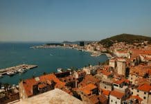 An aerial view of Split in Croatia, by the sea.
