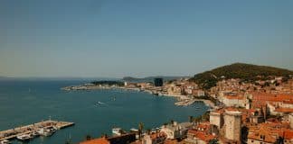 An aerial view of Split in Croatia, by the sea.