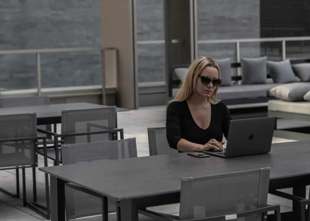 A woman uses a computer