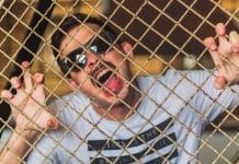 A man sticks his tongue on a metal fence.
