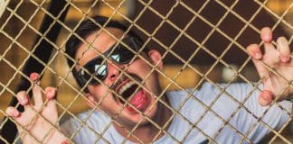 A man sticks his tongue on a metal fence.