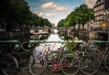assorted-color bicycles park beside blue rails near river
