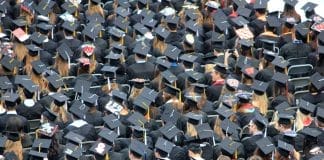aerial view of graduates wearing hats