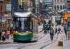 green and yellow city tram