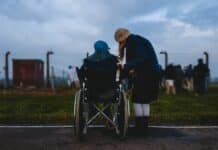 woman standing near person in wheelchair near green grass field