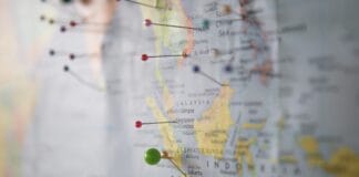 world map with pins