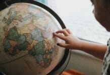 beige and blue desk globe