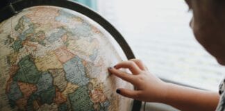 beige and blue desk globe