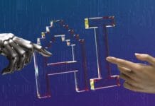 two hands touching each other in front of a blue background
